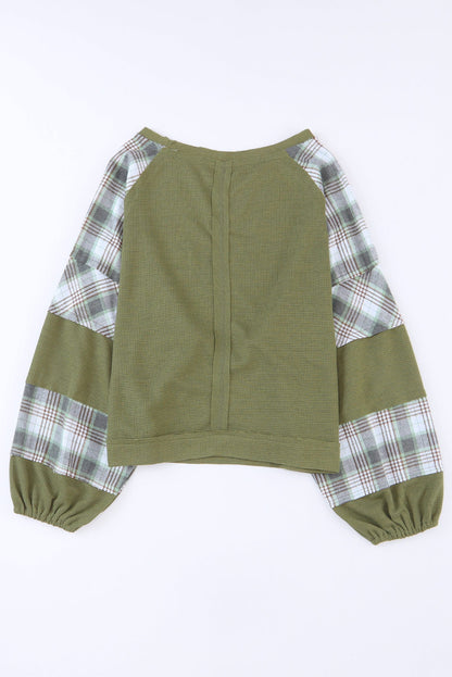 White Plaid Patch Waffle Knit Long Sleeve Top