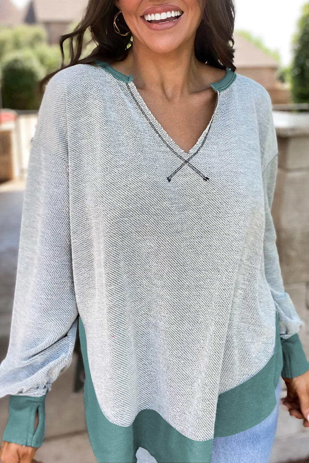 Swamp Contrast Trim V Neck Loose Fit Sweatshirt