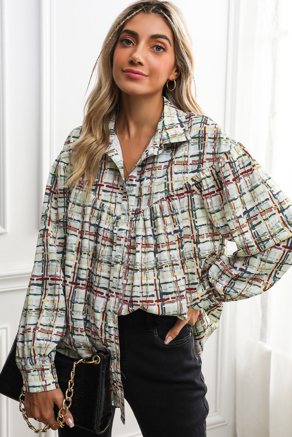 Multicolor Plaid Pleated Long Sleeve Shirt