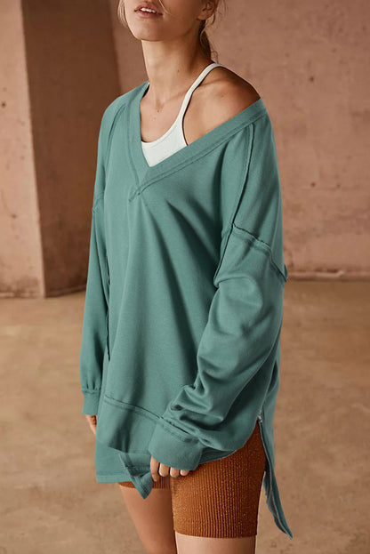 Green Stitching Seam Split V Neck Sweatshirt