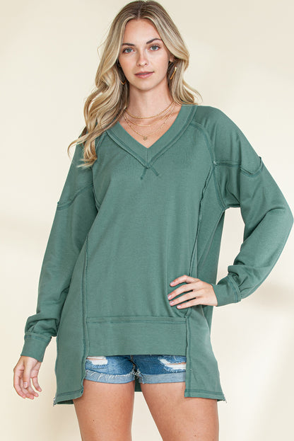 Green Stitching Seam Split V Neck Sweatshirt