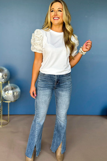 White Ruched Puff Sleeve Solid Color Blouse