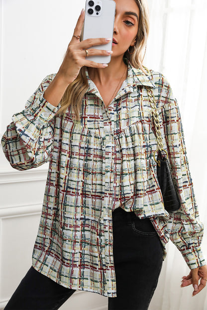 Multicolor Plaid Pleated Long Sleeve Shirt