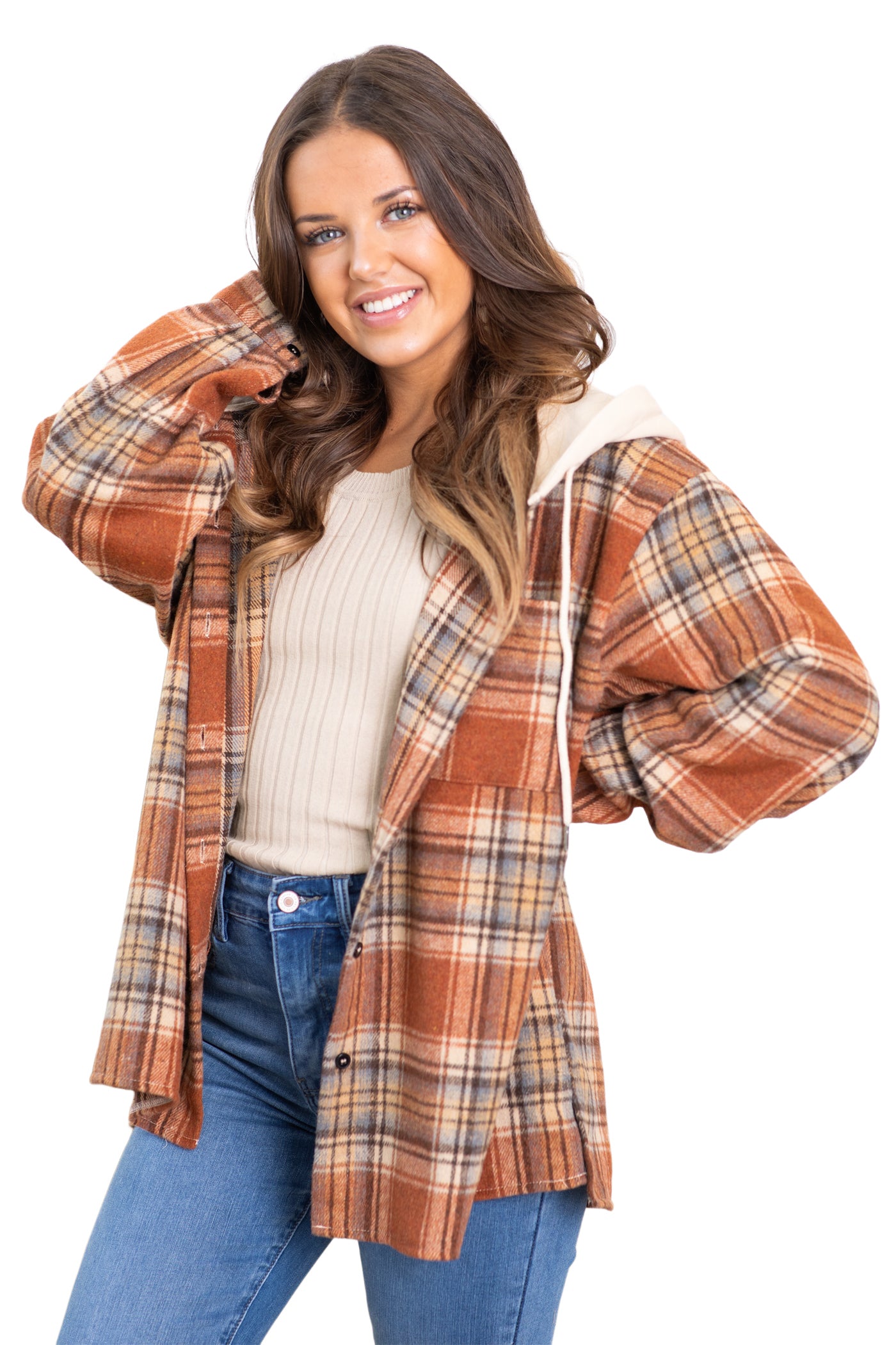 Multicolor Plaid Puff Sleeve Hooded Patchwork Shacket