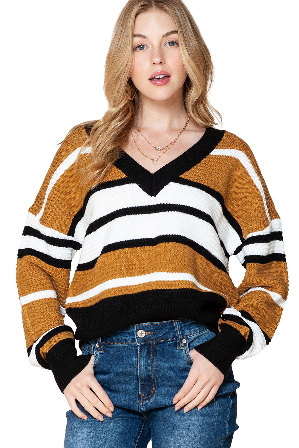 Bold Stripes Meet Comfort: Brown Colorblock V-Neck Sweater