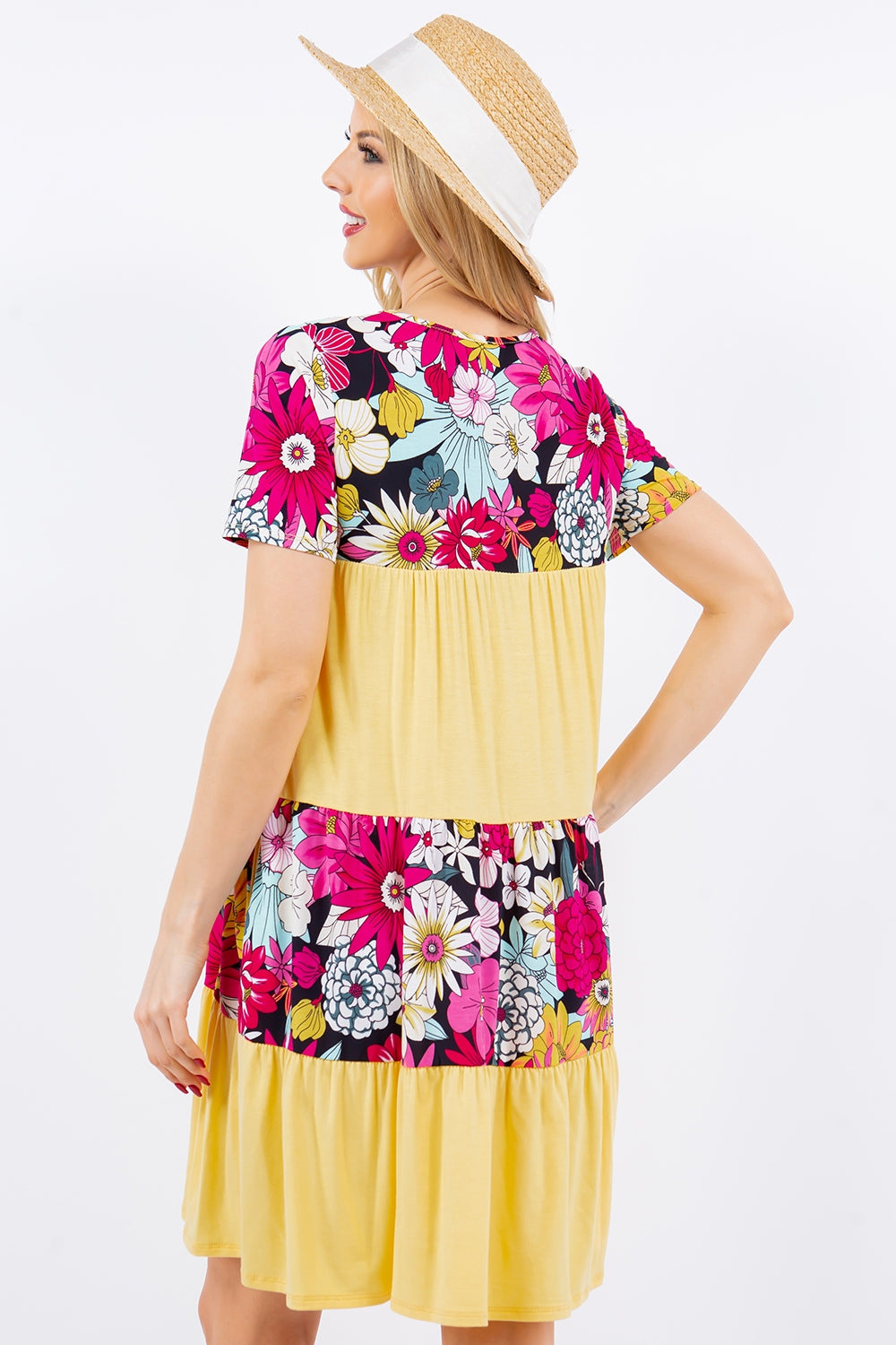 Celeste Full Size Color Block Floral Round Neck Short Sleeve Dress