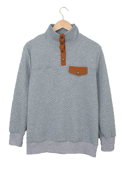 Grey Stand Collar Brown Quilted Snap Button Sweatshirt