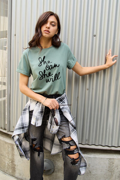 Full Size SHE CAN SHE WILL Short Sleeve T Shirt