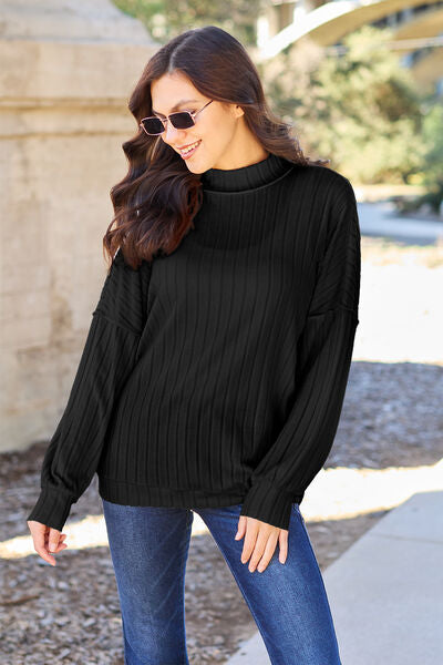Basic Bae Ribbed Exposed Seam Mock Neck Knit Top