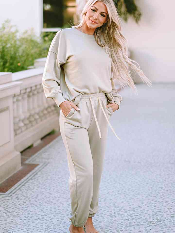 Round Neck Dropped Shoulder Top Pants Lounge Set