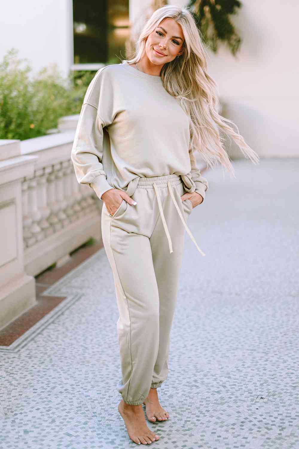 Round Neck Dropped Shoulder Top Pants Lounge Set