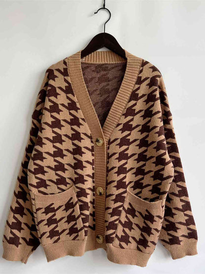 Houndstooth Botton Front Cardigan with Pockets