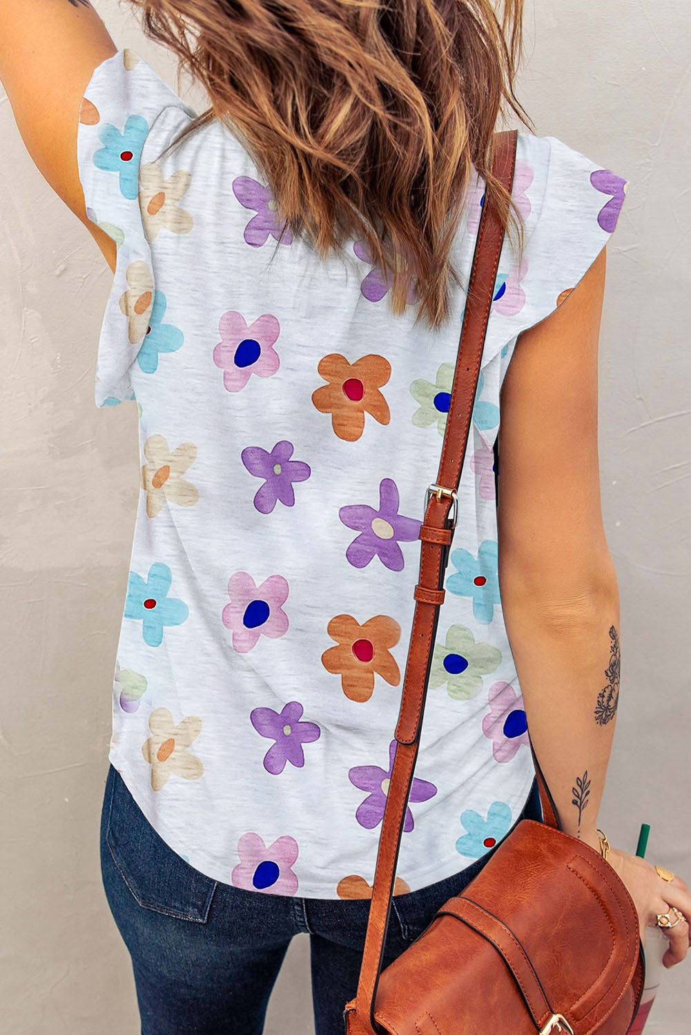 Printed Notched Cap Sleeve T Shirt