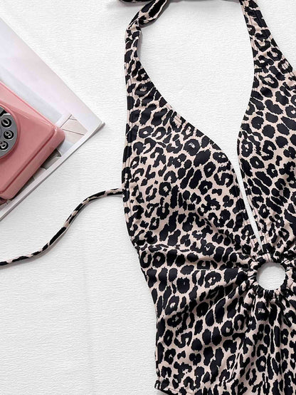 Leopard Halter Neck Ring Detail One Piece Swimsuit