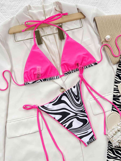 Zebra Print Halter Neck Tie Side Bikini Set