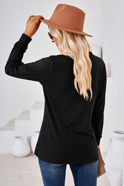 Notched Button Detail Long Sleeve T Shirt