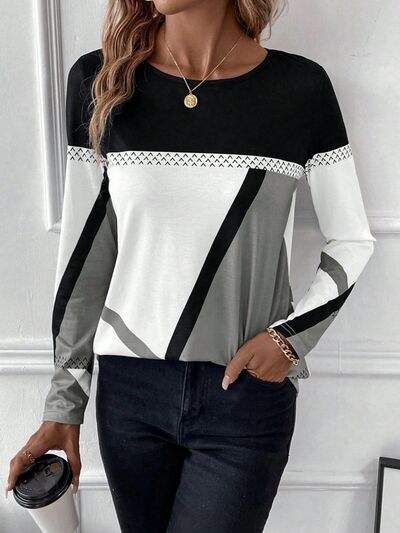 Contrast Round Neck Long Sleeve T Shirt