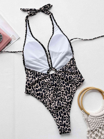 Leopard Halter Neck Ring Detail One Piece Swimsuit