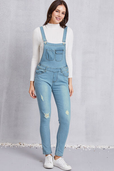 Distressed Washed Denim Overalls with Pockets