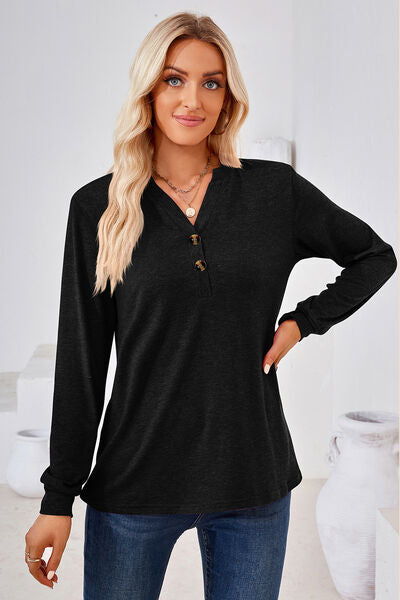 Notched Button Detail Long Sleeve T Shirt