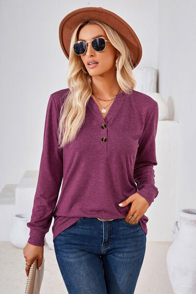 Notched Button Detail Long Sleeve T Shirt
