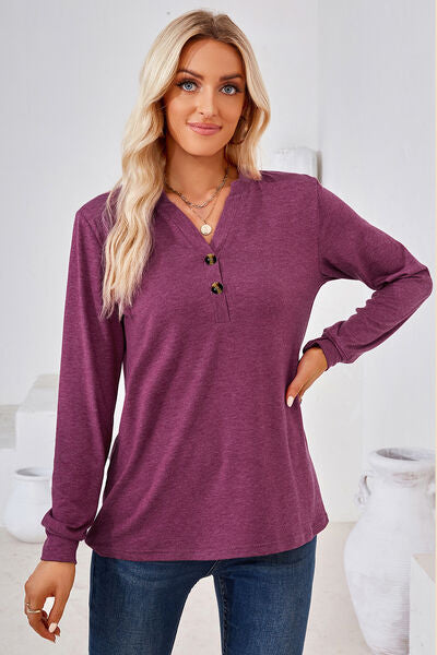 Notched Button Detail Long Sleeve T Shirt